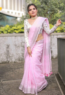 Simple Baby Pink Cotton Printed Saree