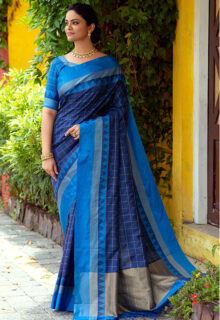 Blue Zari Checked Silk Cotton Saree