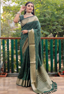 Soft Silk Dark Green Bandhej Printed Saree