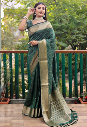 Soft Silk Dark Green Bandhej Printed Saree