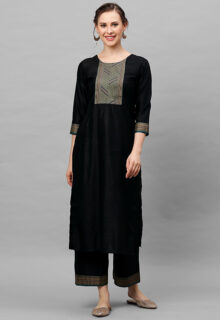 Black Yoke Design Silk Blend Anarkali Kurta With Churidar & Dupatta