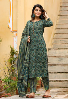 Green Solid Cotton Straight Kurta With Palazzos & Dupatta