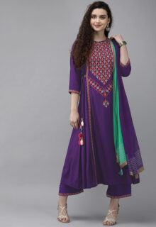 Purple Printed Cotton A-Line Kurta With Trousers