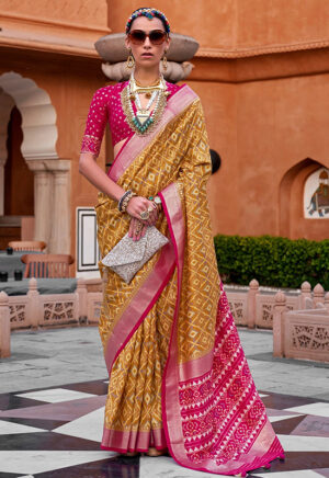 Soft Silk Mustard Yellow Foil Print Saree