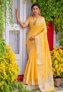 Yellow Silk Cotton Saree With Contrast Border
