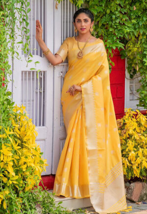 Yellow Silk Cotton Saree With Contrast Border