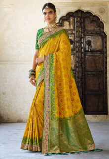 Printed Mustard Yellow Soft Silk Saree